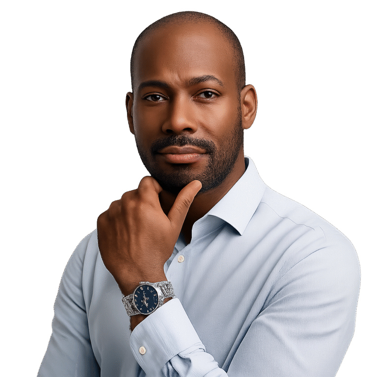 Professional photo of Mario Palmer, managing partner at LeRaiser, touching his chin, showing a rolex, wearing a light shirt.