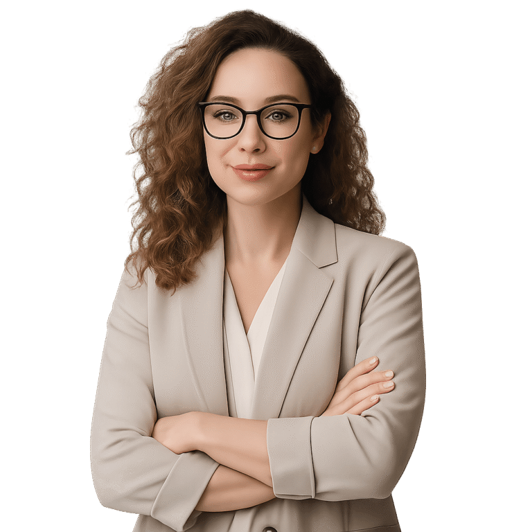 Portrait of Kelly Williams, marketing strategist at LeRaiser, wearing a beige blazer over a white blouse with her arms confidently crossed, smiling warmly against a soft, neutral-toned background.