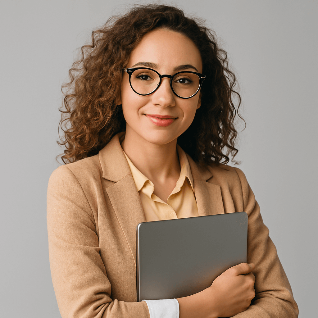 Portrait of Kelly Williams, marketing strategist at LeRaiser, wearing a beige blazer and holding a laptop, smiling confidently against a light gray background.