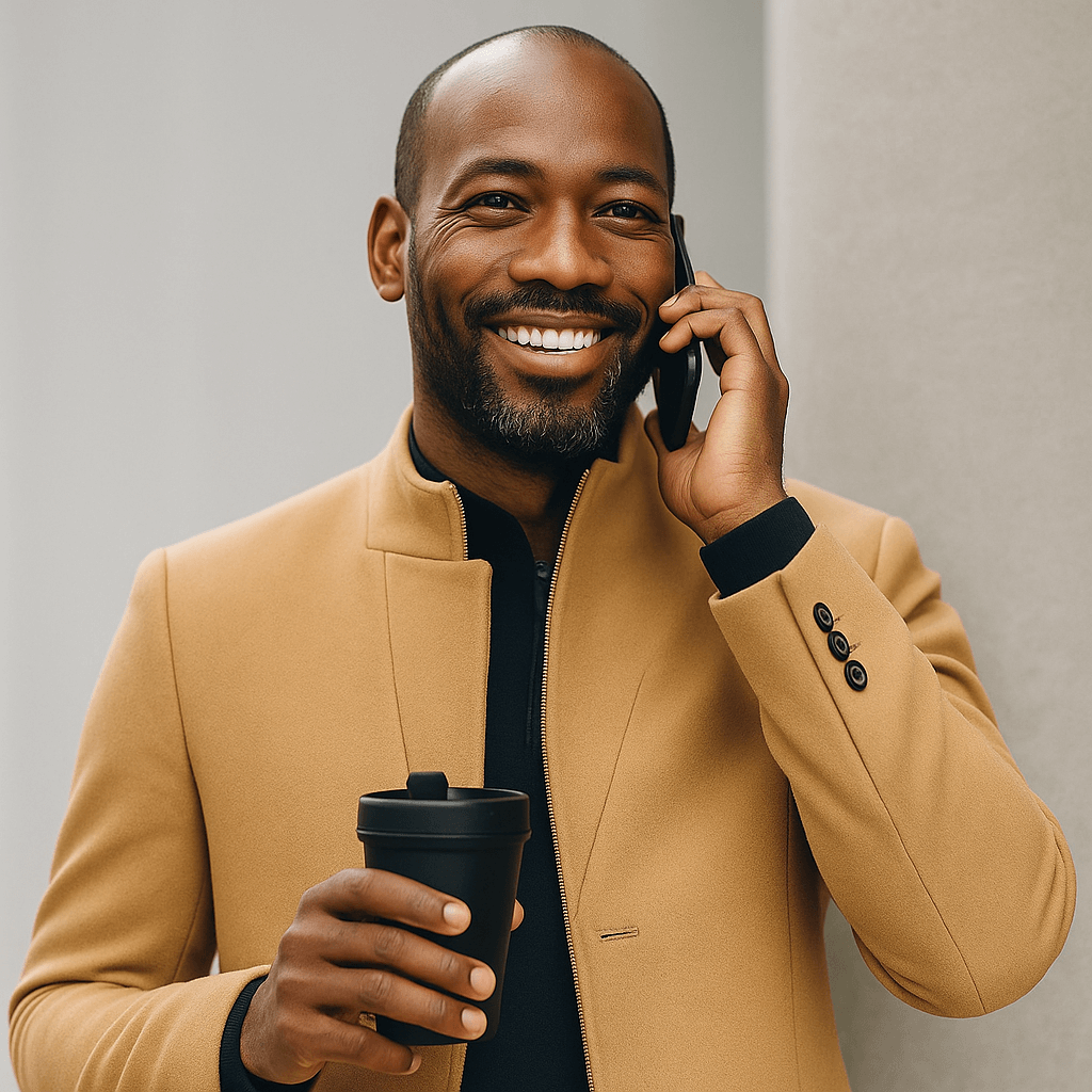 Professional photo of Mario Palmer, managing partner at LeRaiser, smiling while on the phone, holding a coffee cup, wearing a camel coat.